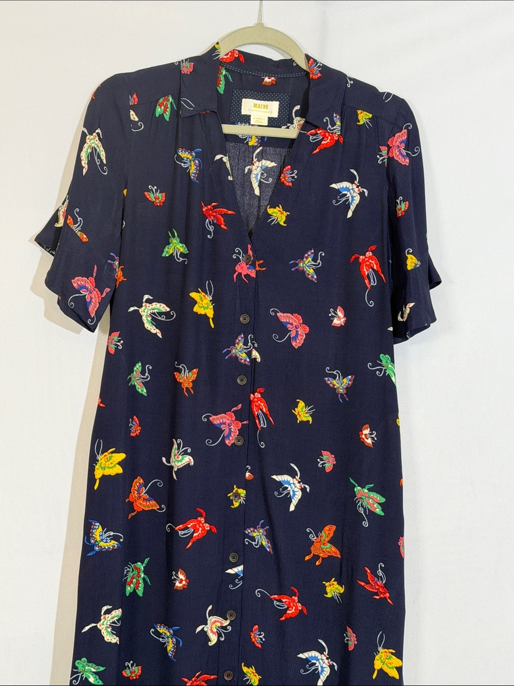 Anthropologie Maeve Midi Shirtdress Size XS Navy Butterfly Print - Picture 2 of 11
